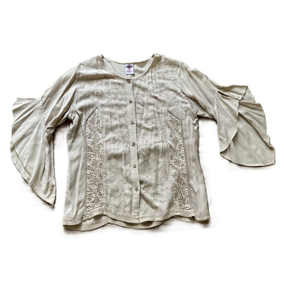 Easy Wear by Empress Maxi Skirt 2pc Set w/Bell Sleeve Blouse Embroidered Beige - Picture 8 of 13